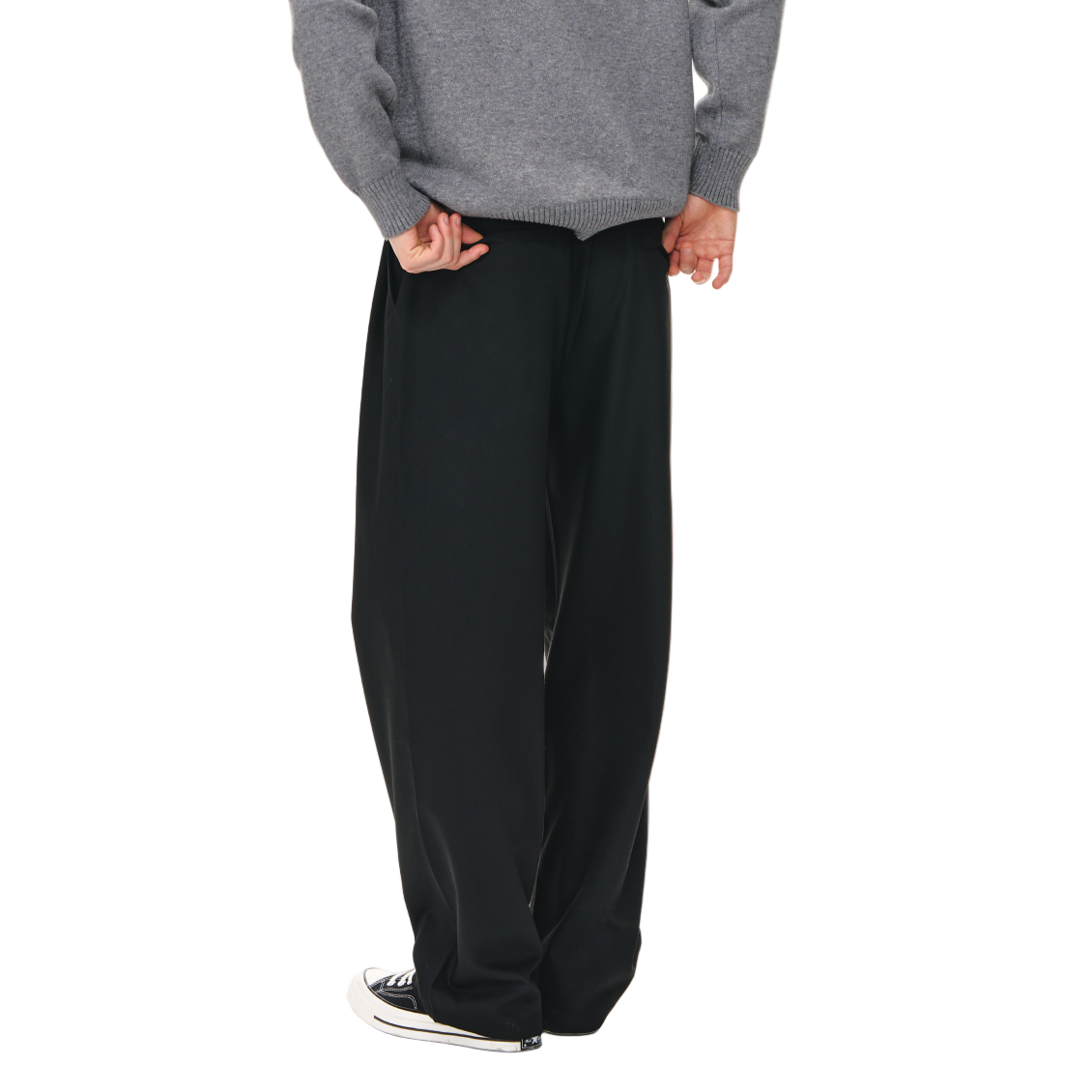 Black 3D Pleated Twill Casual Straight Trousers