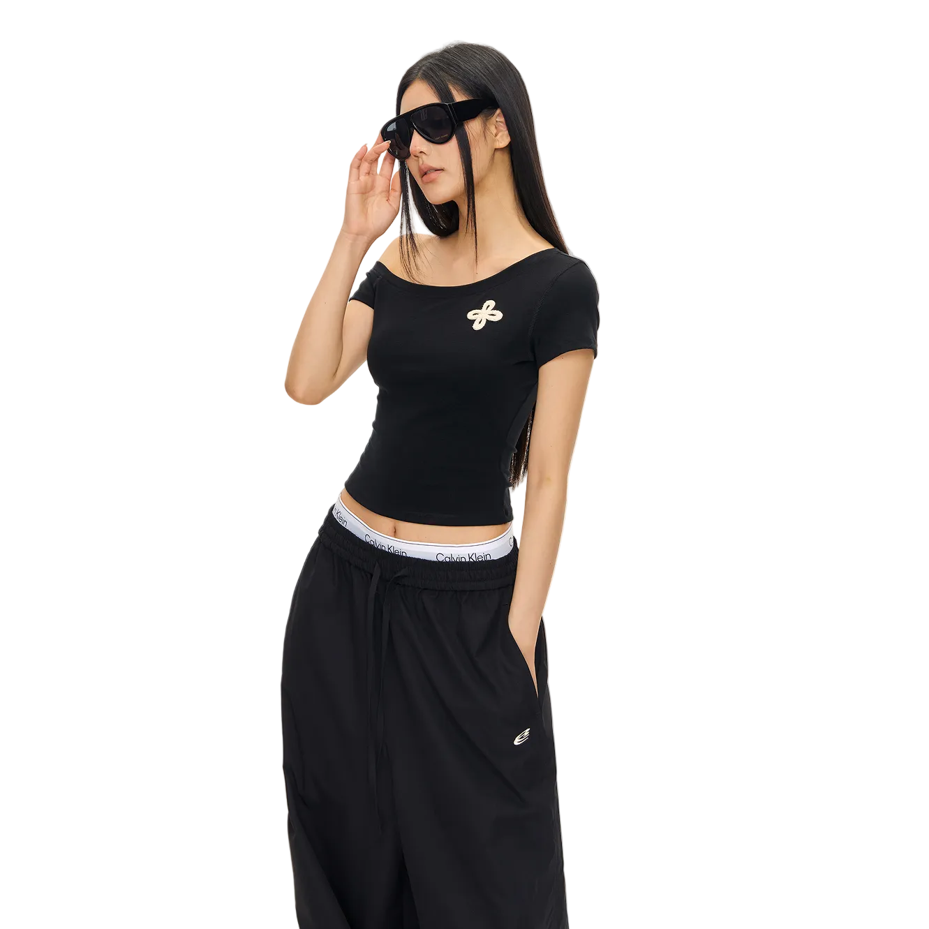 Black Cross Towel Embroidery Off-Shoulder Short Sleeve
