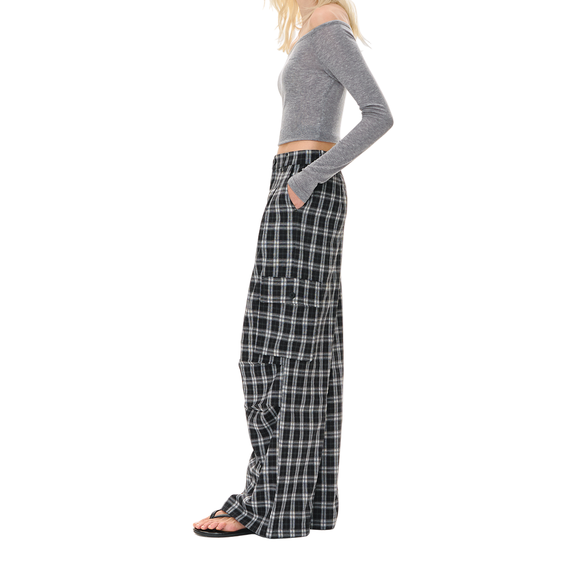 Drape Black and White Plaid Casual Straight Pants
