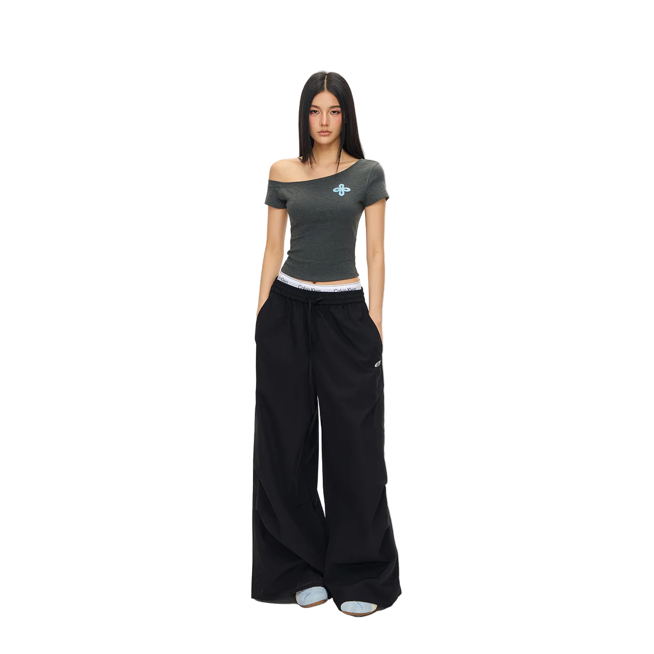 Grey Cross Towel Embroidery Off-Shoulder Short Sleeve