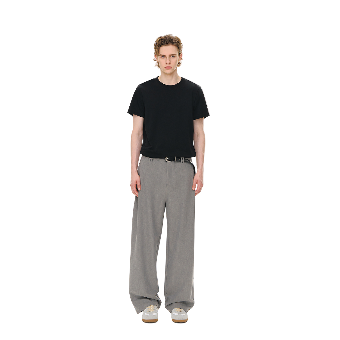 Gray 3D Pleated Twill Casual Straight Trousers