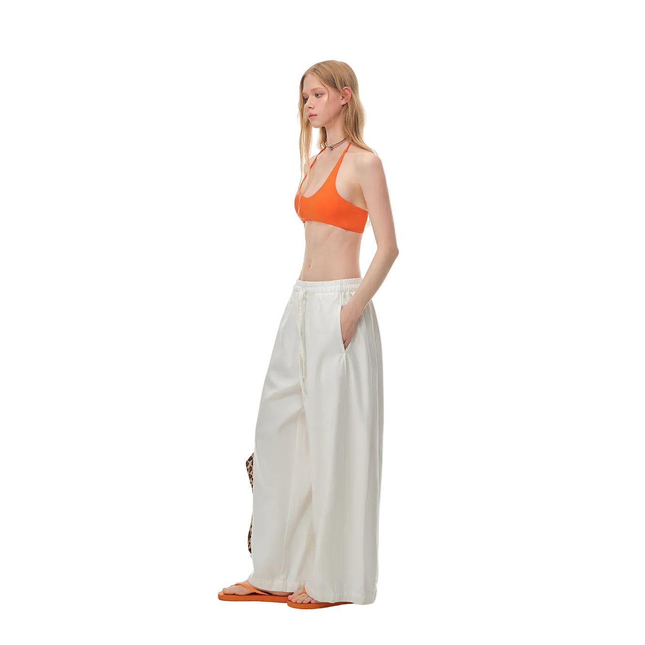 Orange High Elastic Halter Neck Tie-up Built-in Bra Tank Top