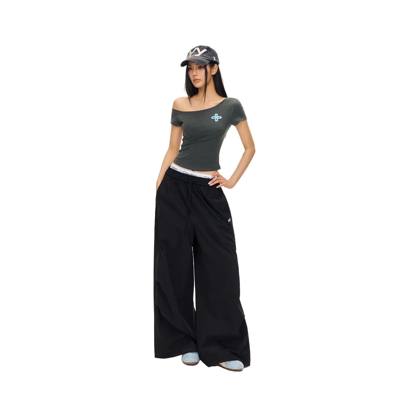 Grey Cross Towel Embroidery Off-Shoulder Short Sleeve