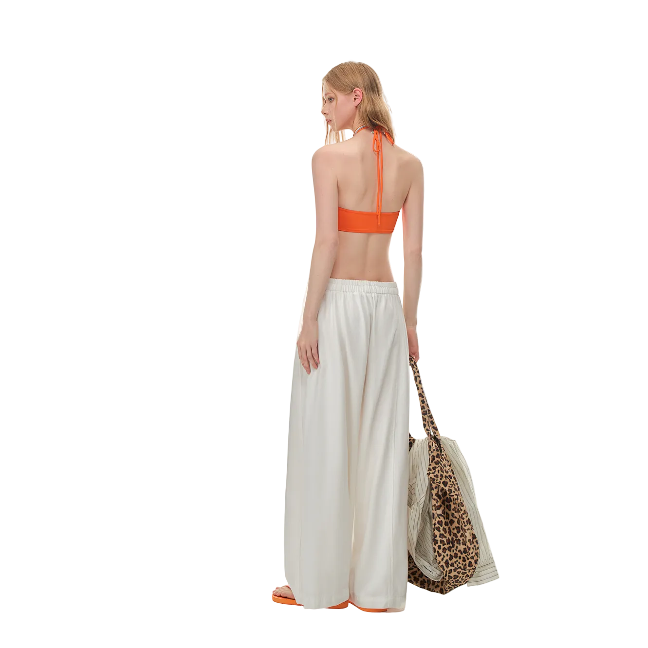 Orange High Elastic Halter Neck Tie-up Built-in Bra Tank Top