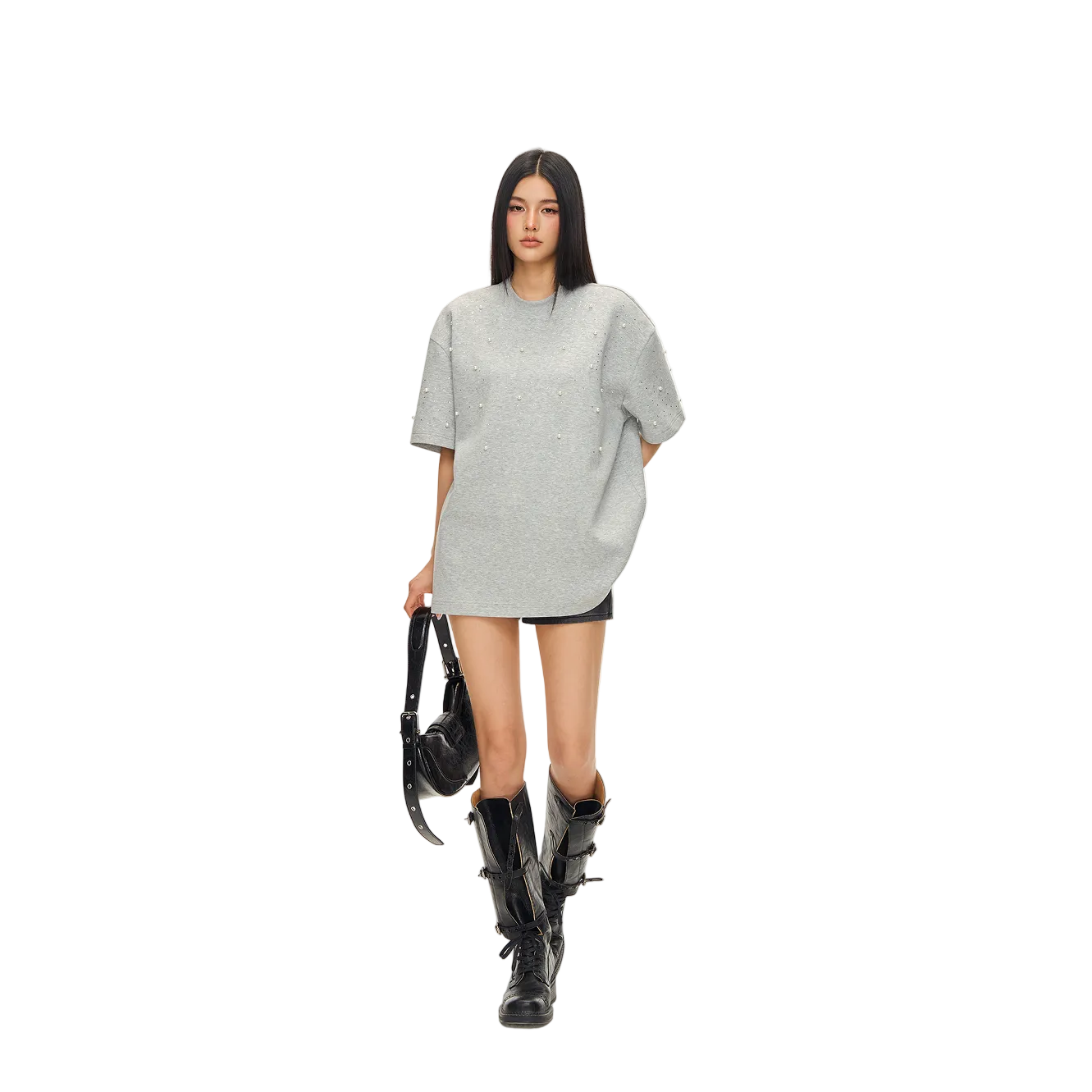 Grey Air Cotton Pearl Rhinestone Short-Sleeve T-Shirt