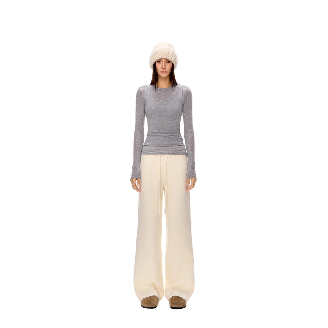 Beige Arctic Fleece Thickened Warm Casual Straight Leg Trousers