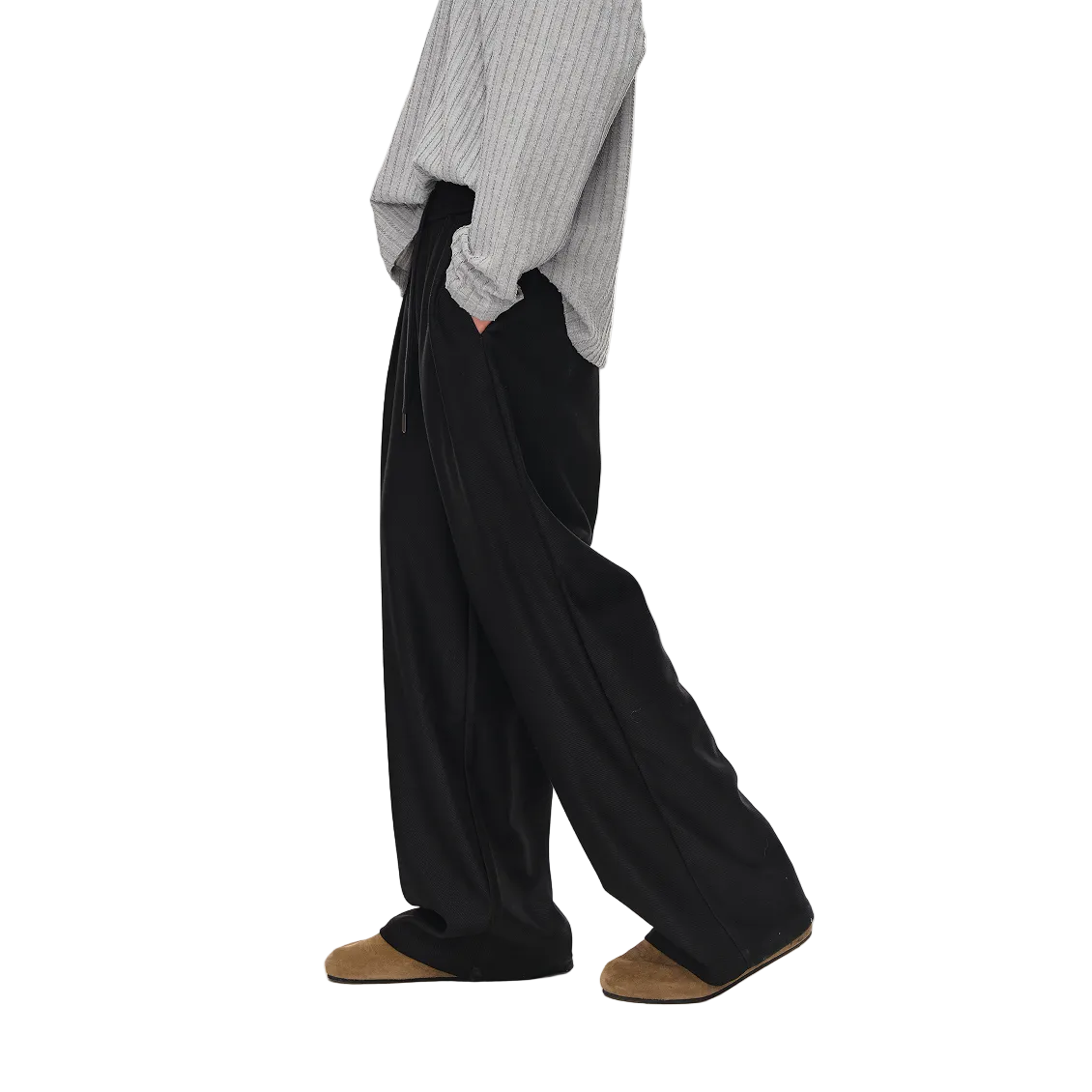 Black Twill Pleated Wide-Size Trousers