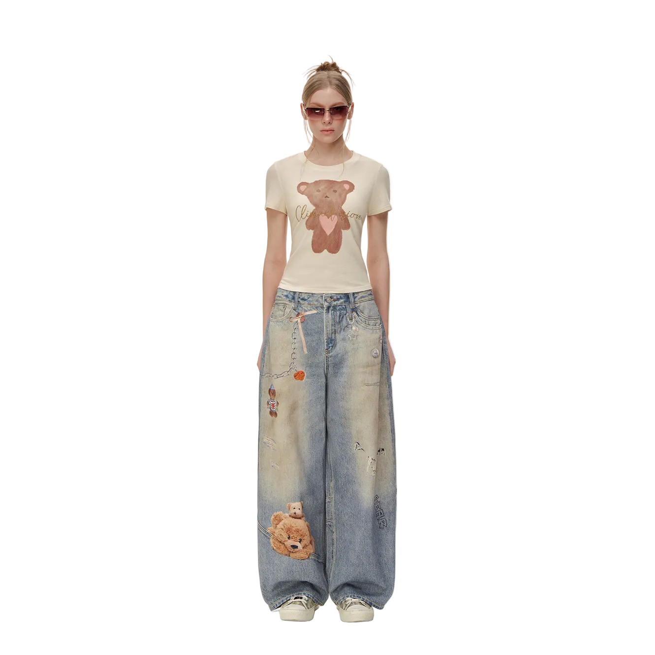 Blue Bear Print Retro Jeans