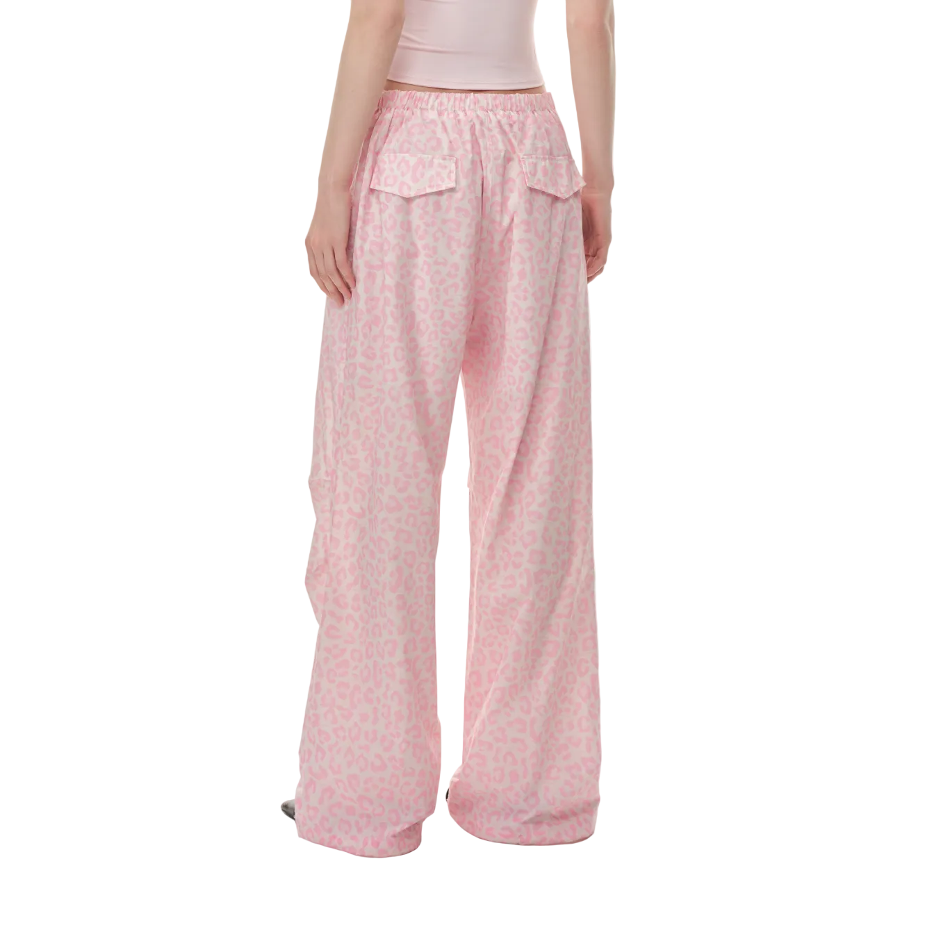 Pink Leopard Print Drawstring Pleated Straight-leg Paratrooper Pants