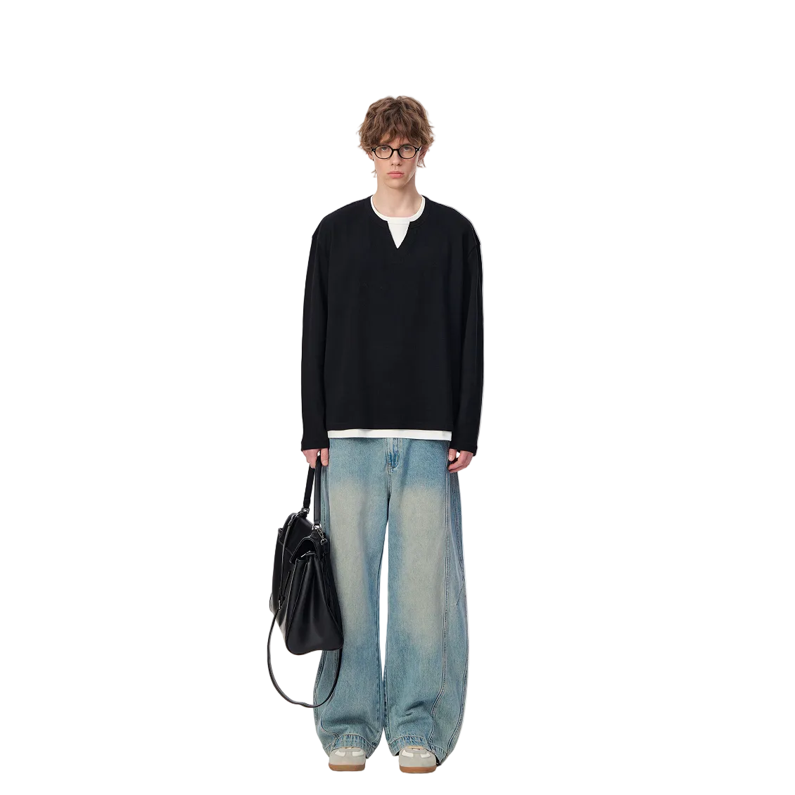 Black Waffle Knit Fake Two-Piece V-Neck Long Sleeve