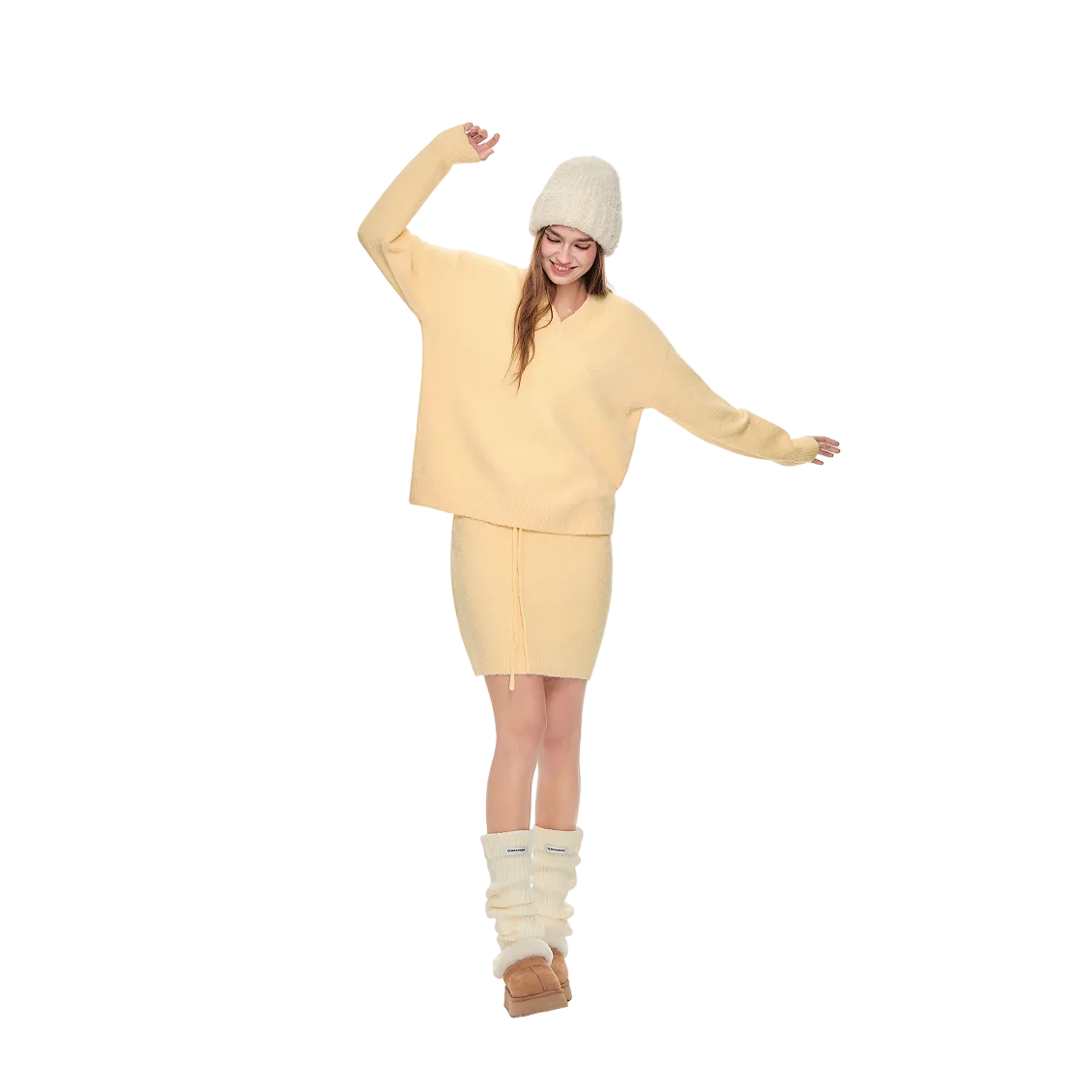 Yellow Bouquet Yarn Chunky Knit Drawstring Midi Skirt