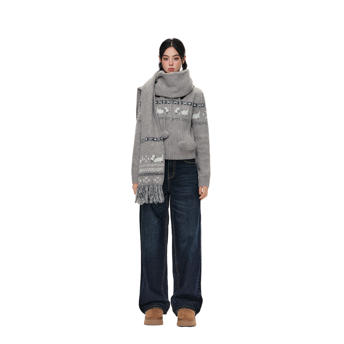 Grey Westie Knit Hooded Cardigan Sweater