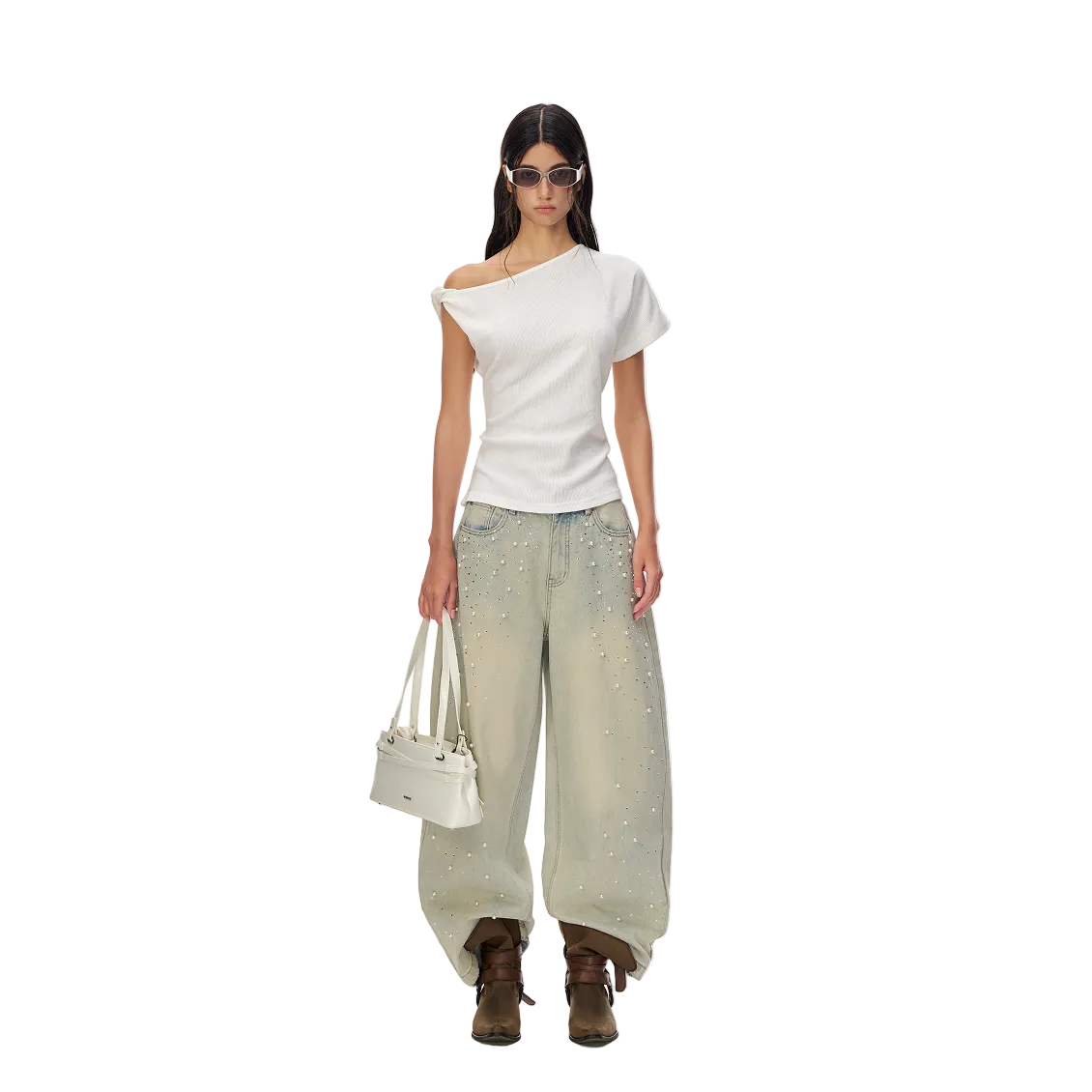 White Cross Asymmetrical Knotted Off-Shoulder T-Shirt
