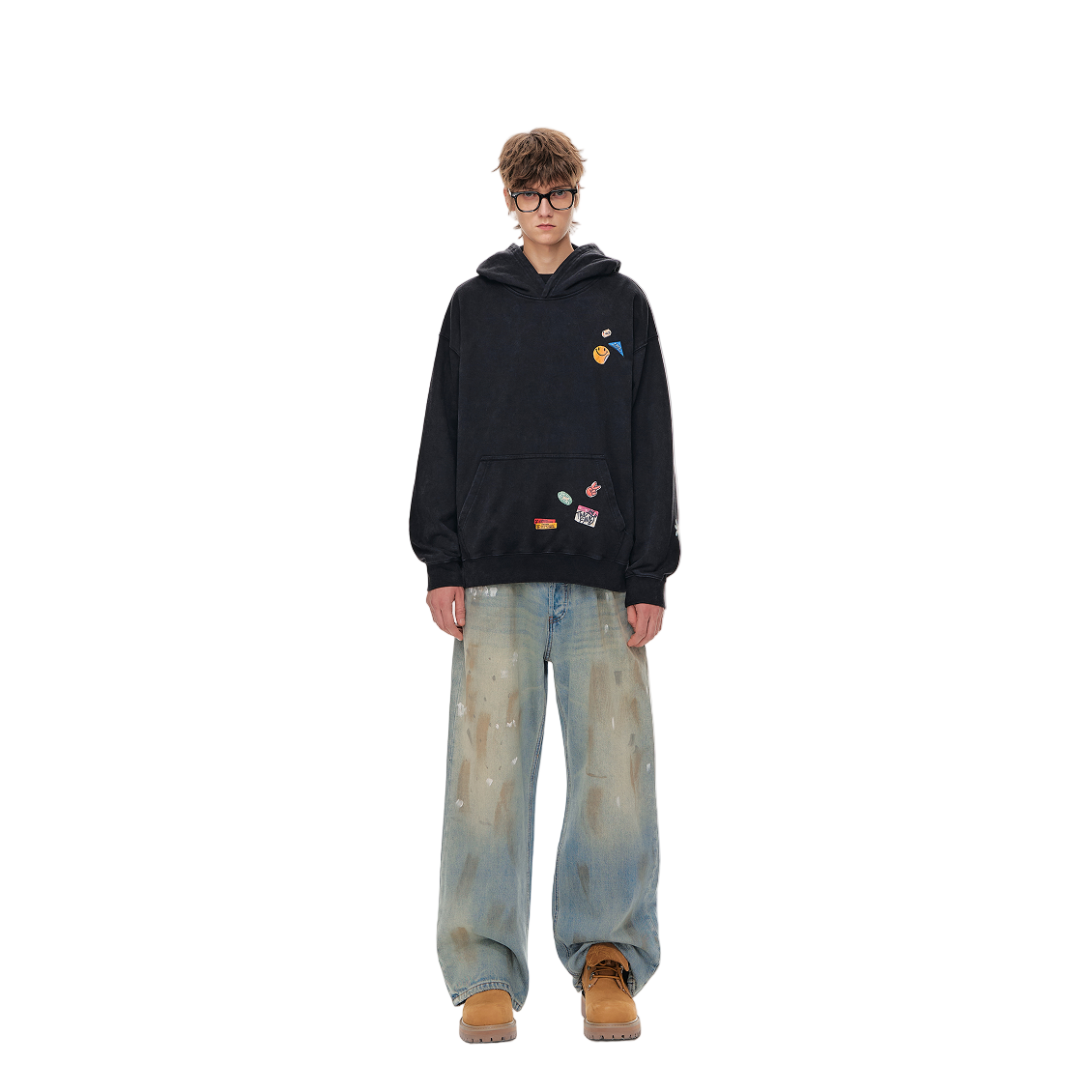 Black Retro Graffiti Sticker Print Washed Hoodie