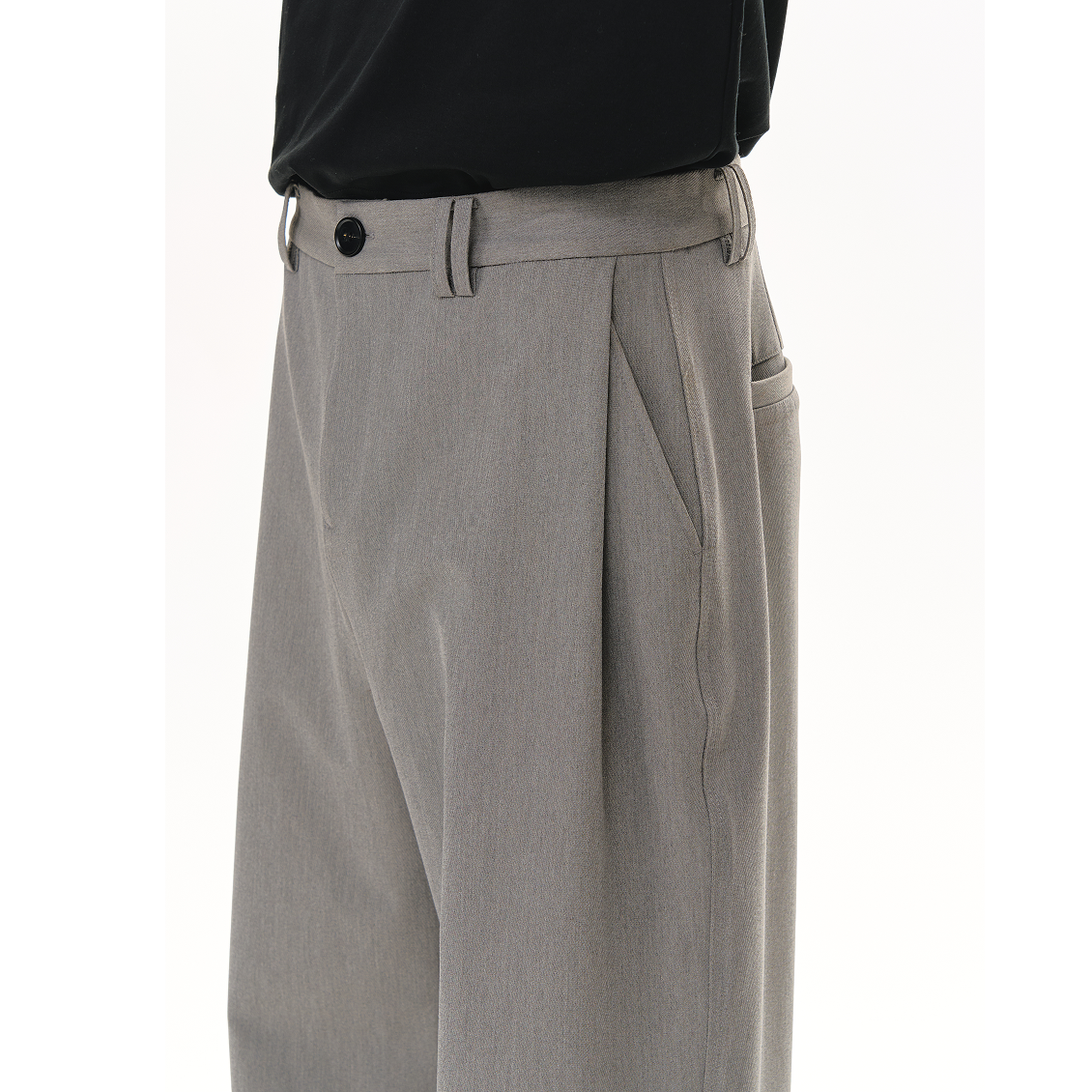 Gray 3D Pleated Twill Casual Straight Trousers