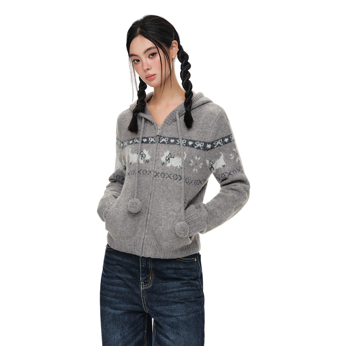 Grey Westie Knit Hooded Cardigan Sweater