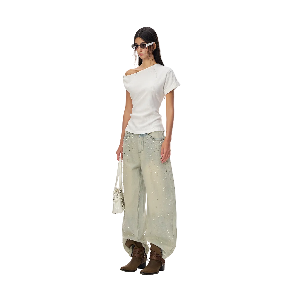 White Cross Asymmetrical Knotted Off-Shoulder T-Shirt