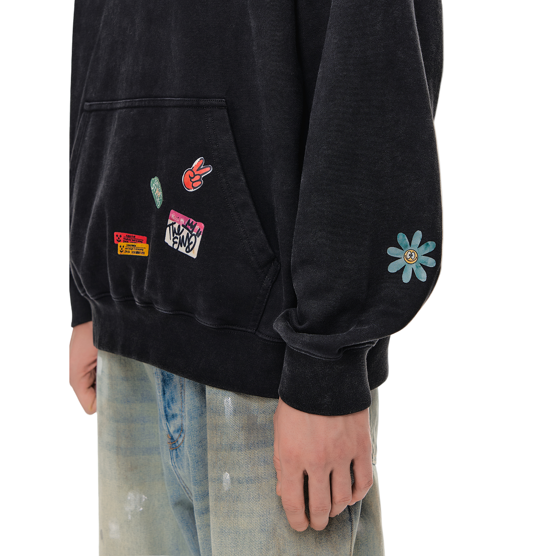 Black Retro Graffiti Sticker Print Washed Hoodie