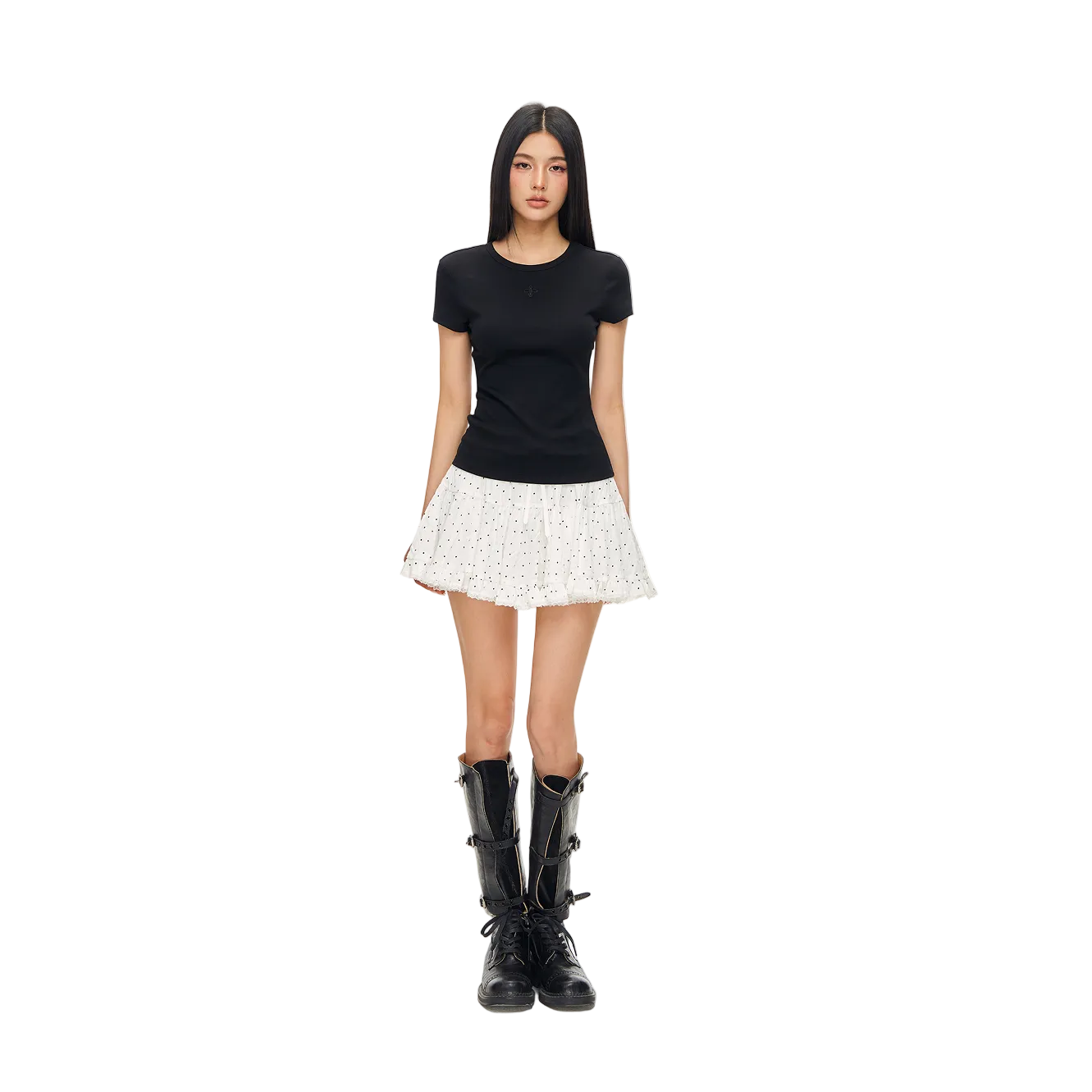 Black Hollow-out Cross Embroidery Slim Fit Short Sleeve