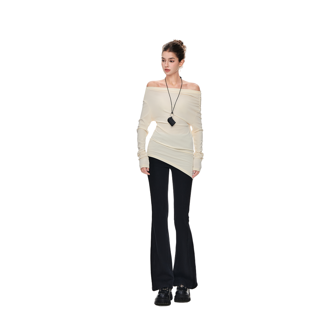 Beige Versatile Off Shoulder Pleated Lyocell Long Sleeves