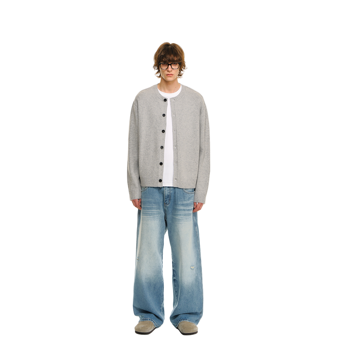 Gray Sheep Wool Blend Classic Crew Neck Long Sleeve Cardigan