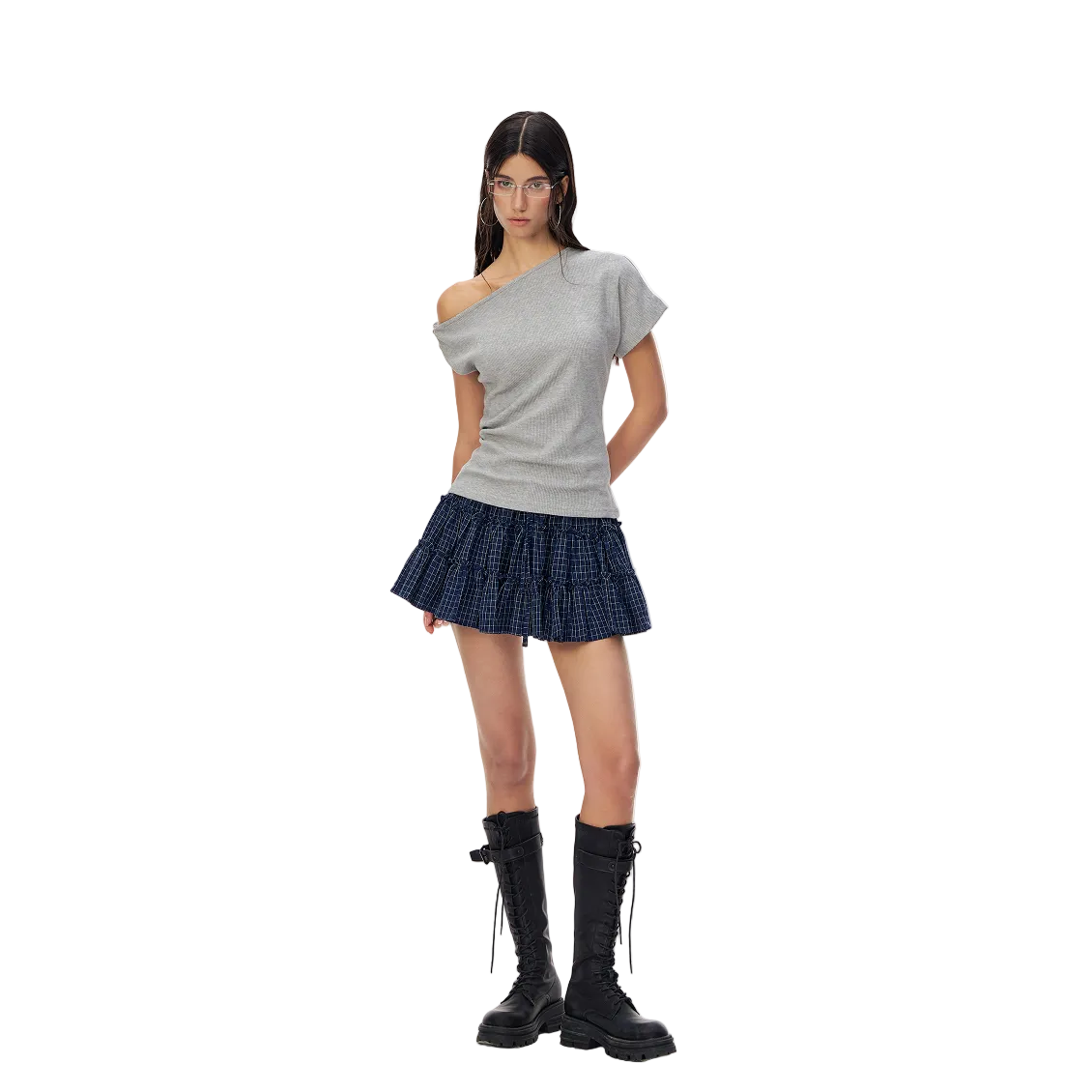 Grey Cross Asymmetrical Knotted Off-Shoulder T-Shirt