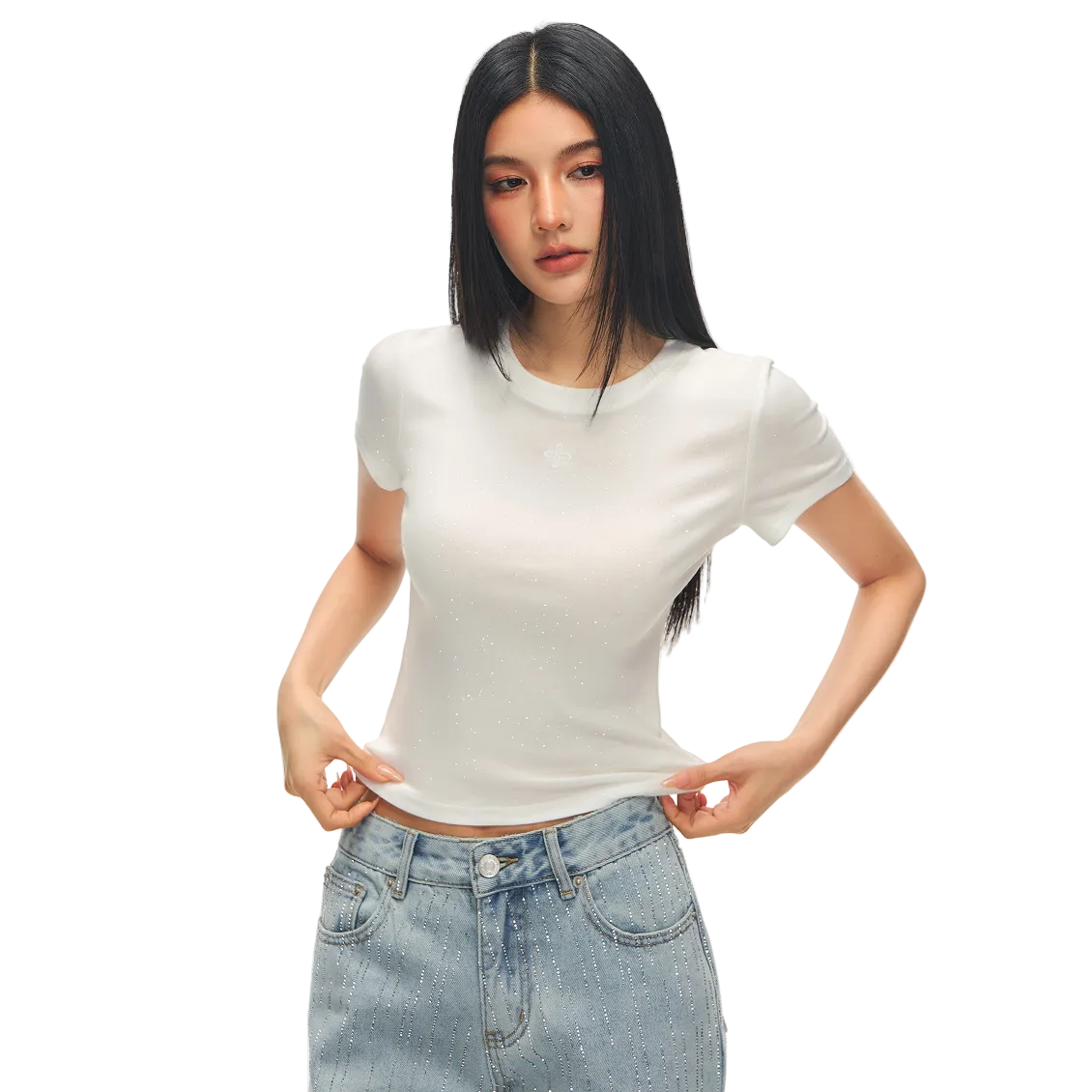 White Cross Flower Rhinestone Crew Neck T-Shirt