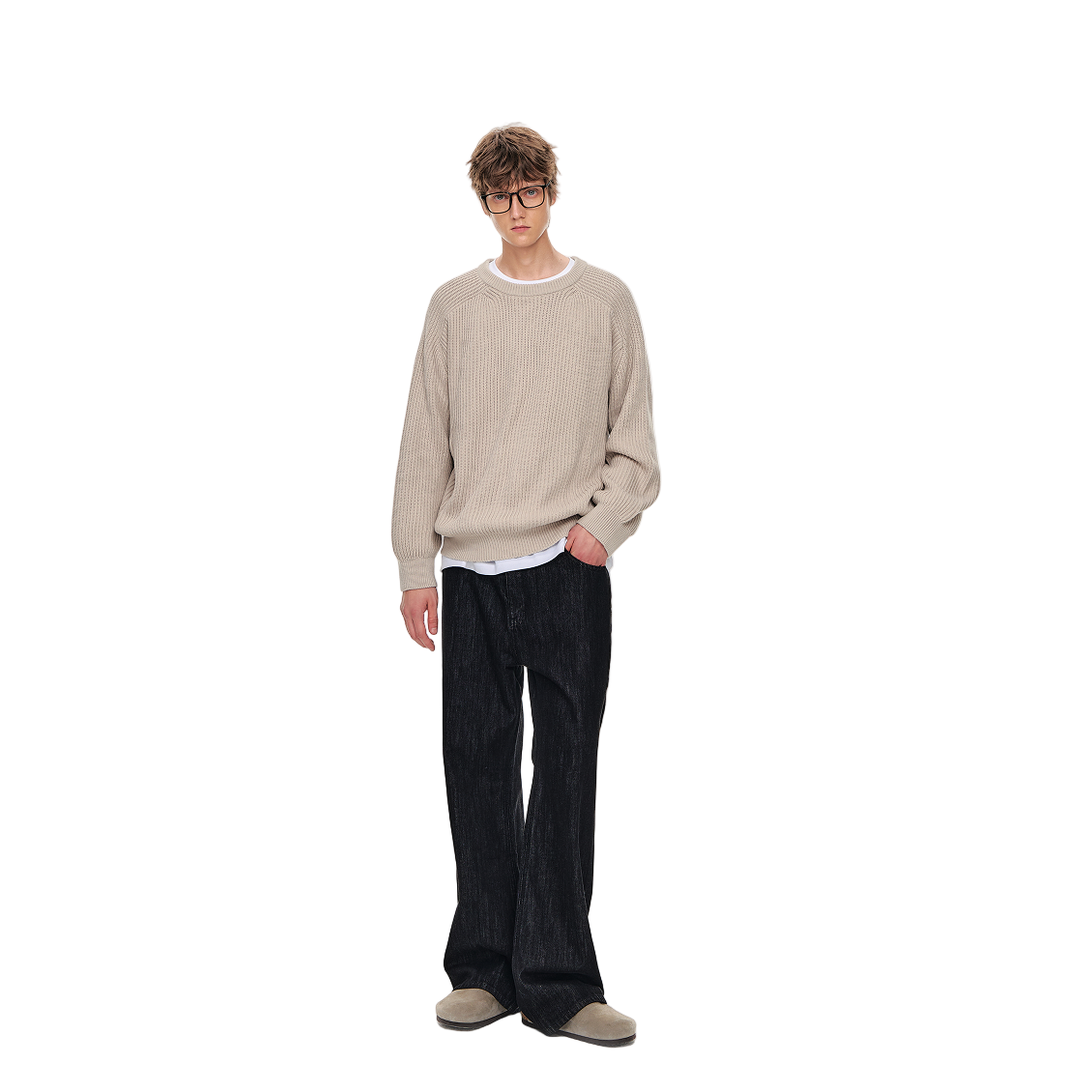 Combed Cotton Ribbed Raglan Sleeve Crew Neck Sweater In Khaki