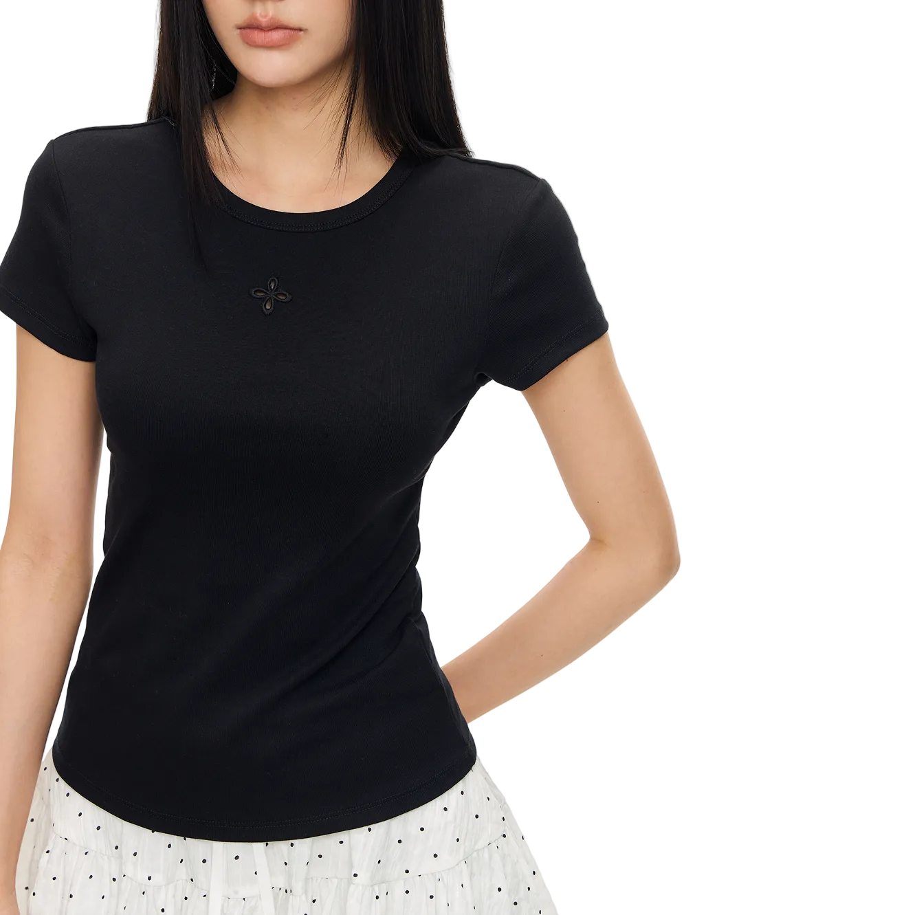 Black Hollow-out Cross Embroidery Slim Fit Short Sleeve