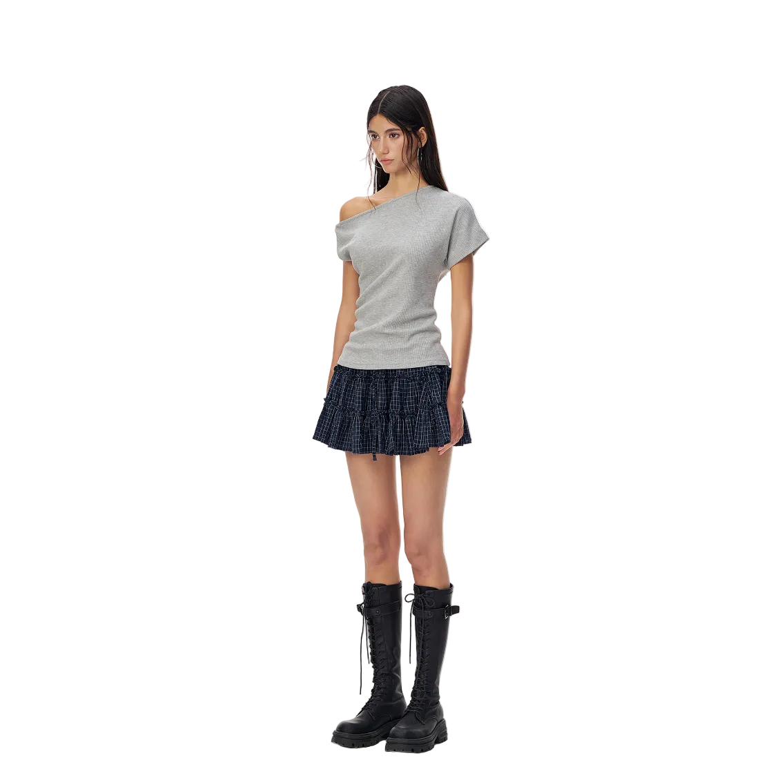 Grey Cross Asymmetrical Knotted Off-Shoulder T-Shirt