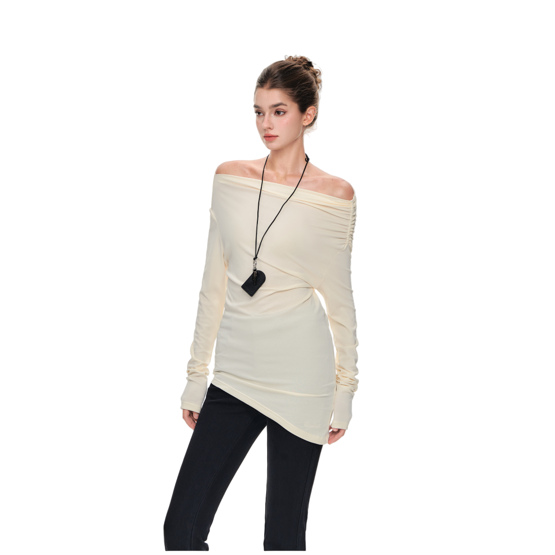 Beige Versatile Off Shoulder Pleated Lyocell Long Sleeves