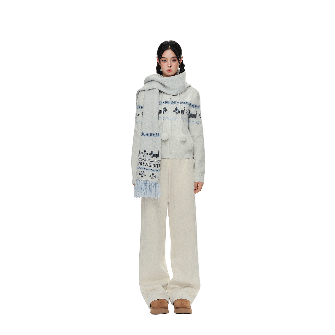 White Wool Blend Westie Jacquard Scarf