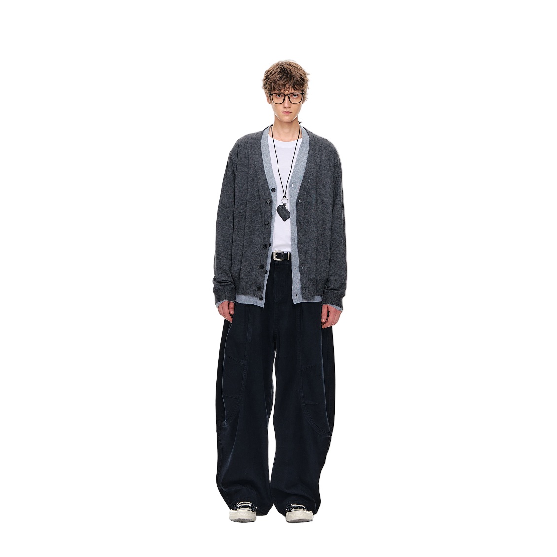 Wool Blend Fake Two-Piece Contrast Color V-Neck Cardigan Sweater In Gray