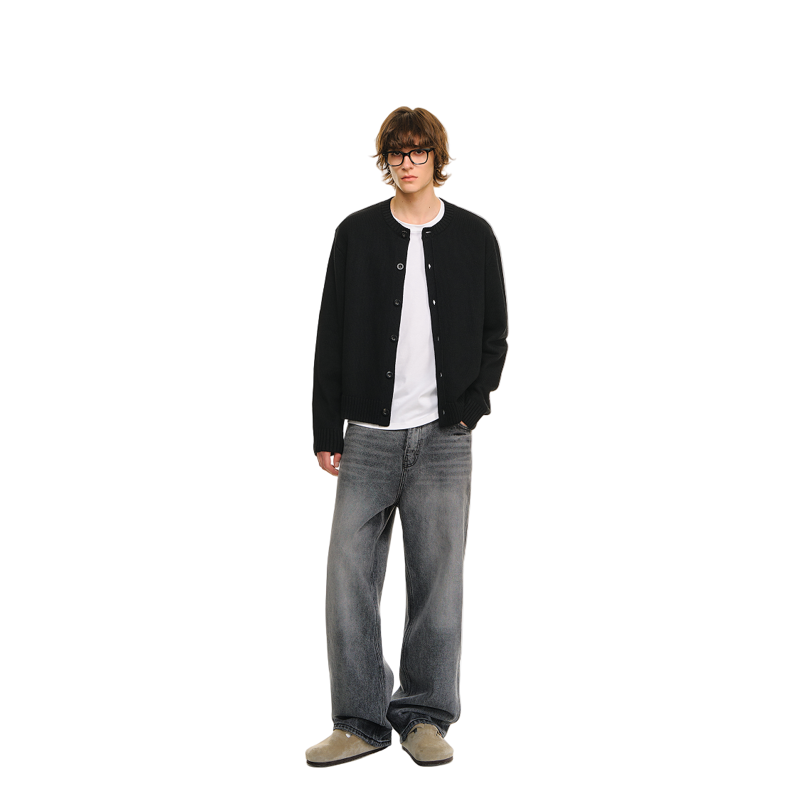 Black Sheep Wool Blend Classic Crew Neck Long Sleeve Cardigan 