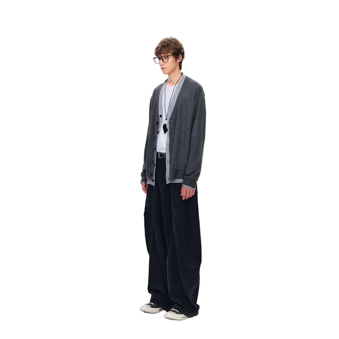 Wool Blend Fake Two-Piece Contrast Color V-Neck Cardigan Sweater In Gray