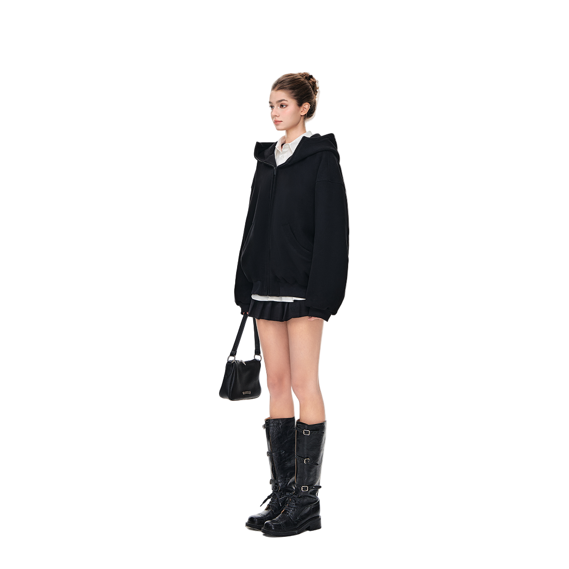 Double-faced Velvet Loose Silhouette Airy Hooded Jacket In Black