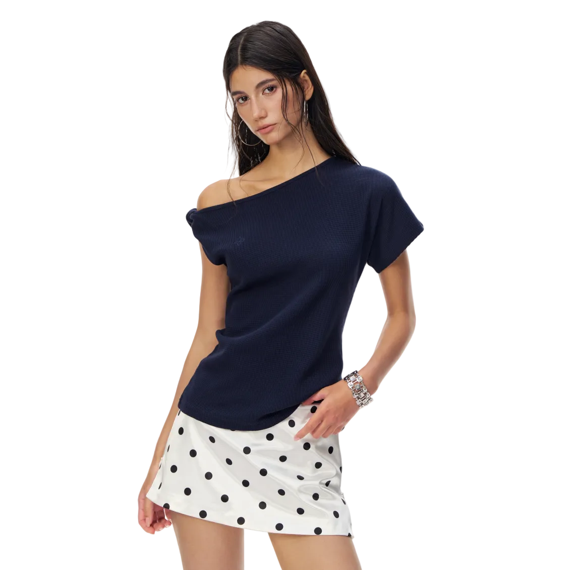 Navy Blue Cross Asymmetrical Knotted Off-Shoulder T-Shirt