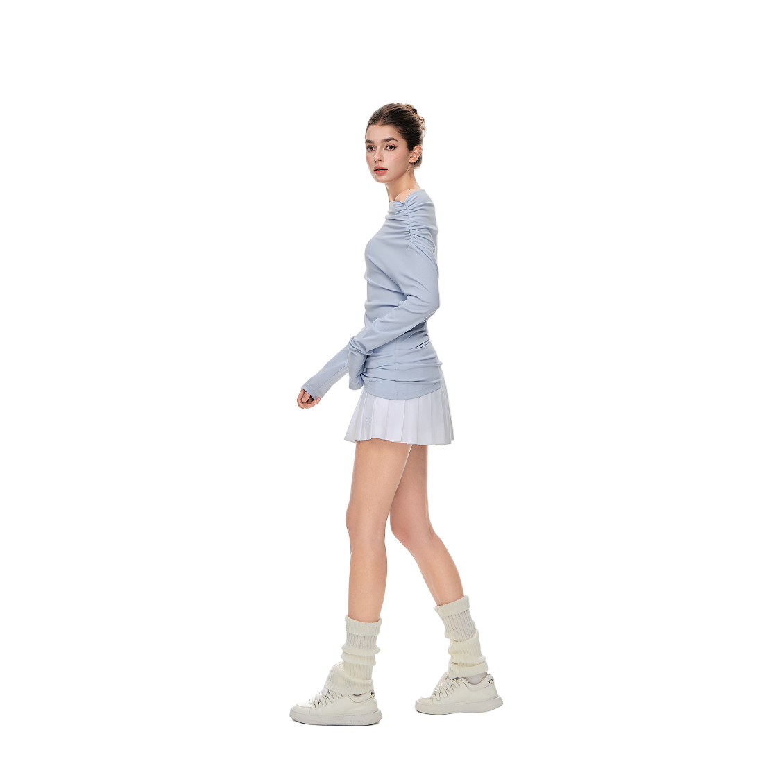 Blue Versatile Off Shoulder Pleated Lyocell Long Sleeves