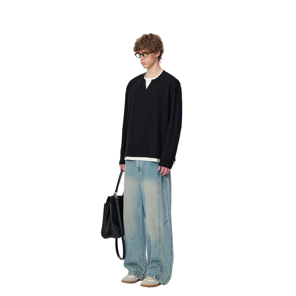 Black Waffle Knit Fake Two-Piece V-Neck Long Sleeve