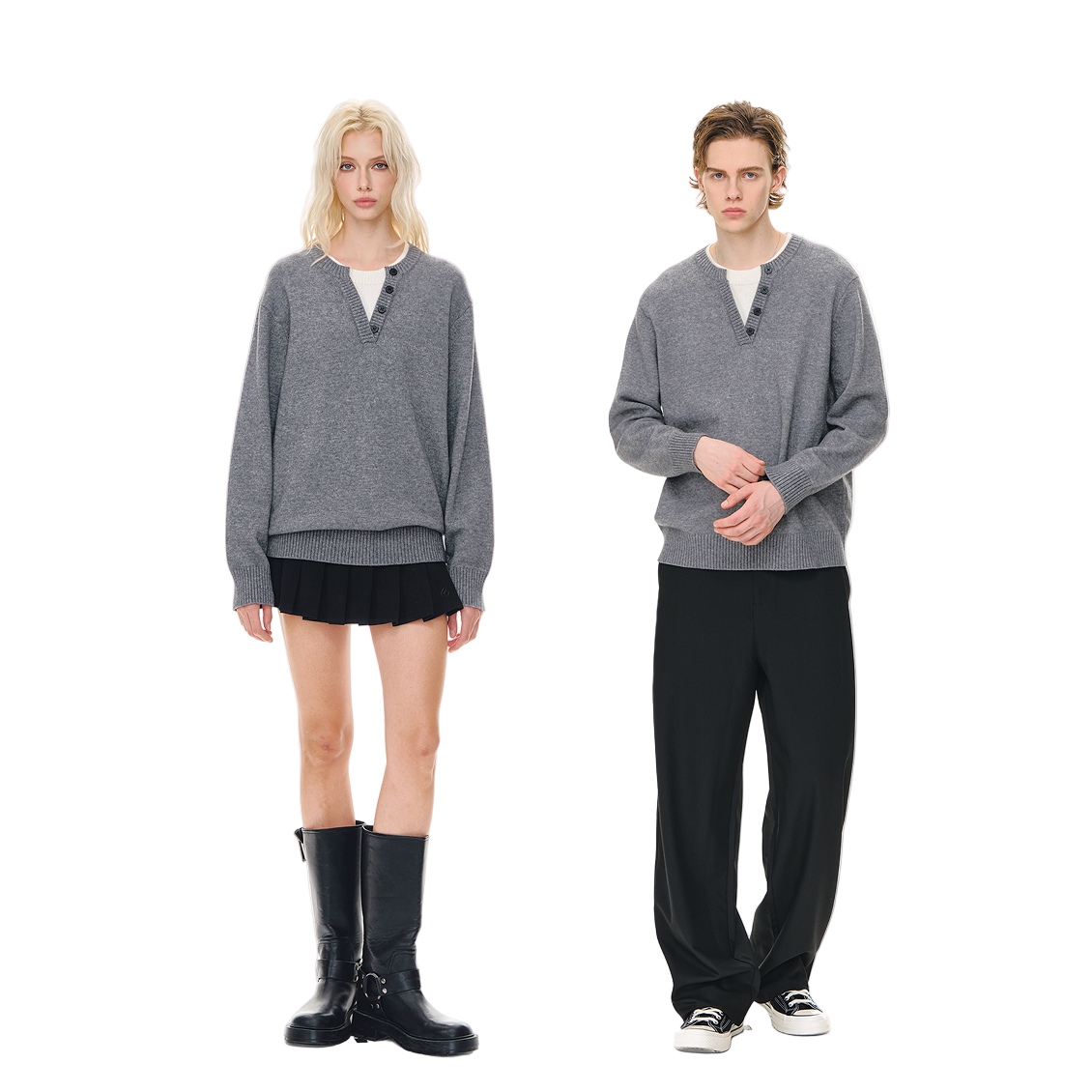 Sheep Wool Blend V-neck Fake Two-piece Knit Sweater In Grey