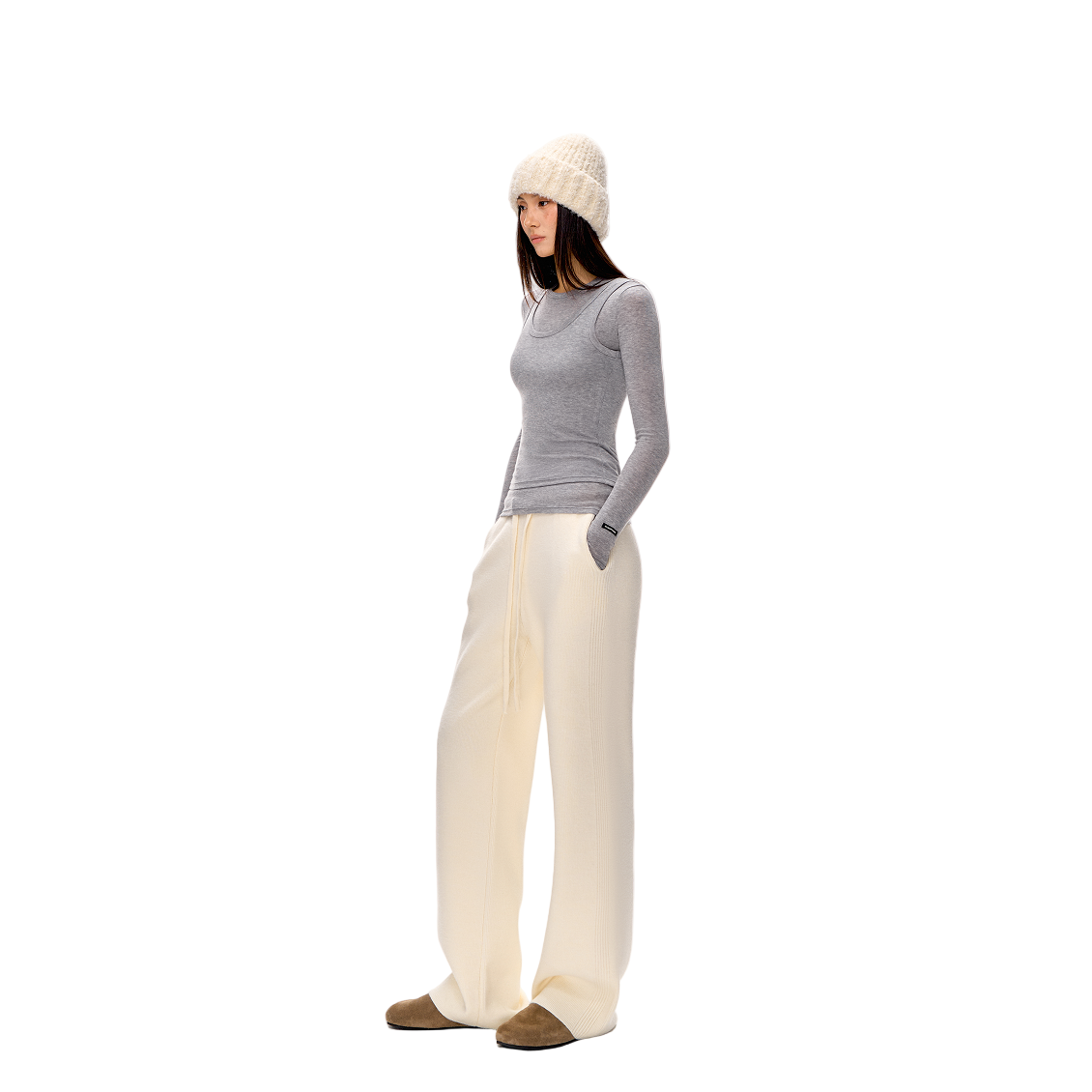 Beige Arctic Fleece Thickened Warm Casual Straight Leg Trousers