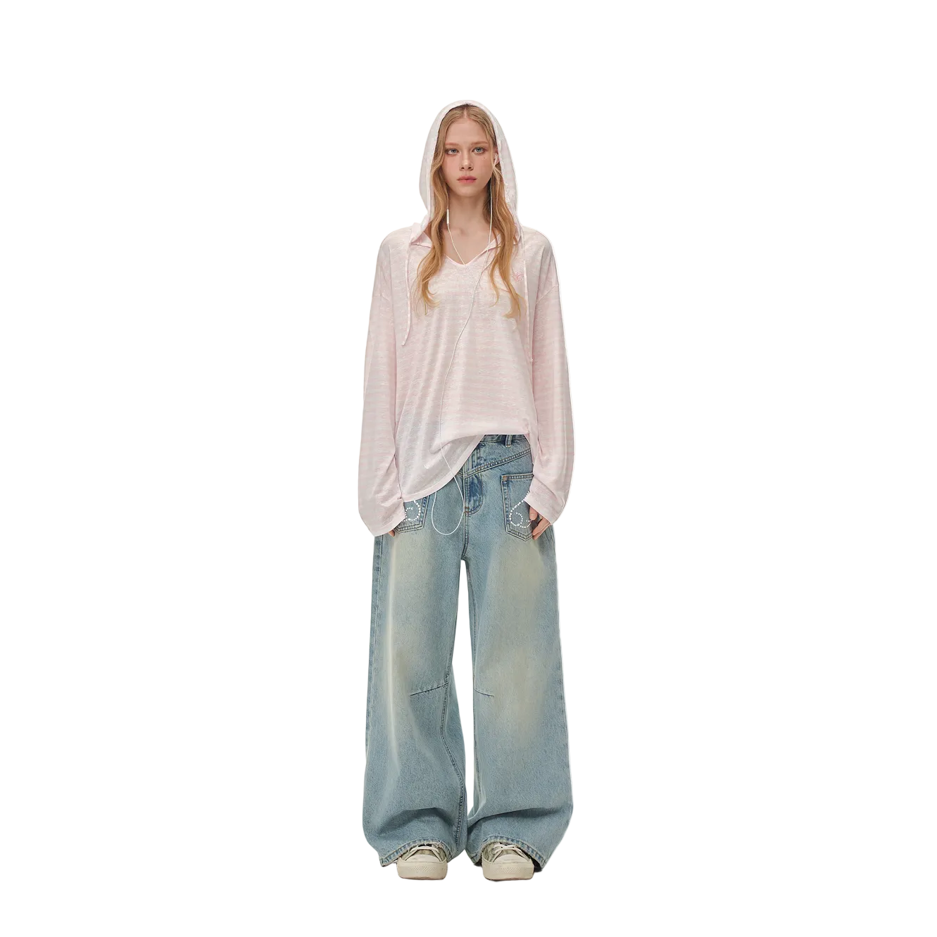 Pink Snowflake Texture Striped Hooded Long-Sleeve
