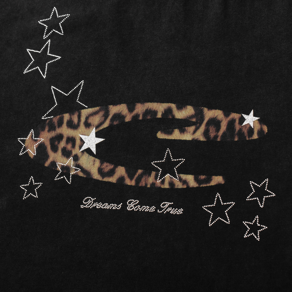 Black Leopard Print Star Rhinestone Letter Short-Sleeve T-Shirt