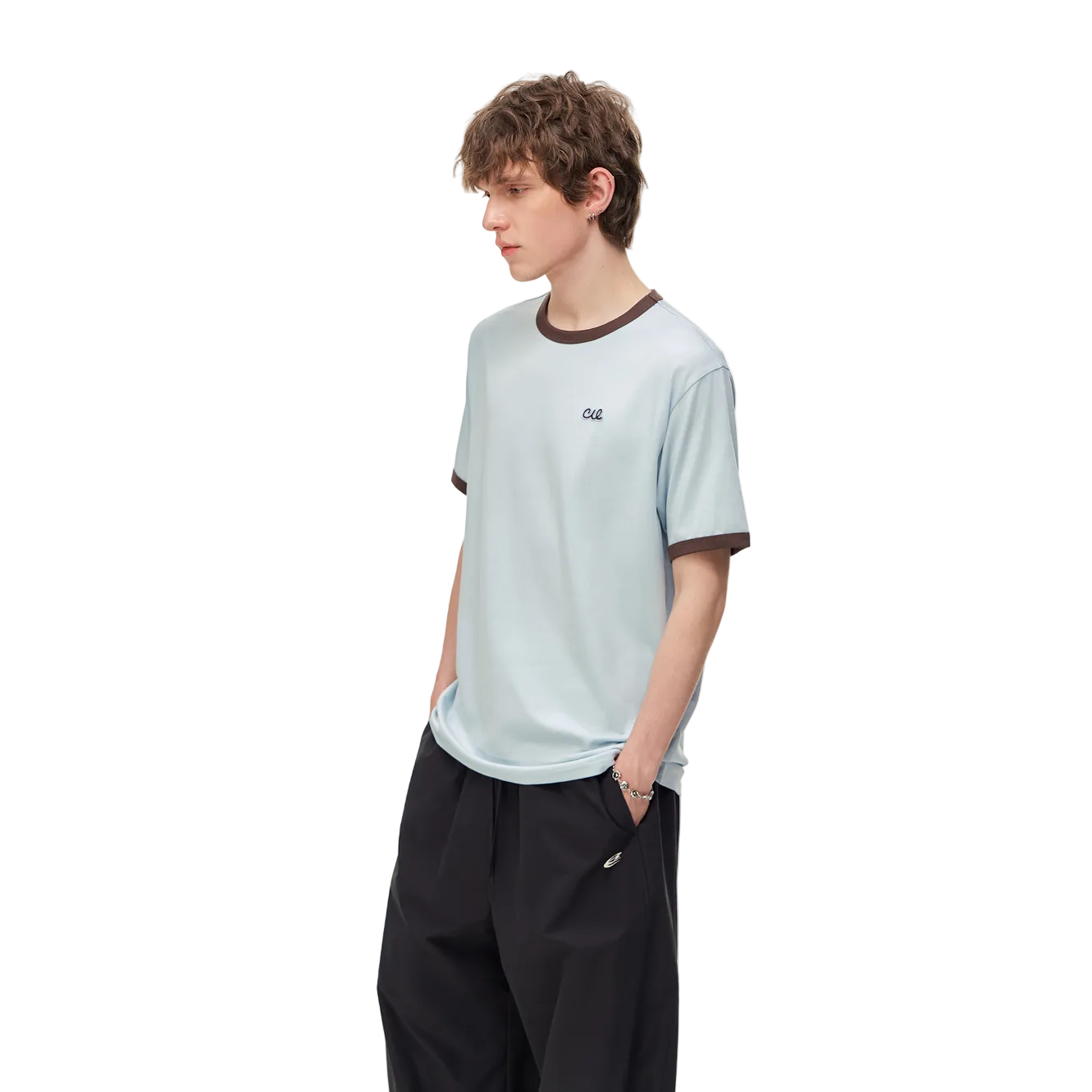 Blue Lyocell Color-Blocked Embroidered Short-Sleeve T-Shirt