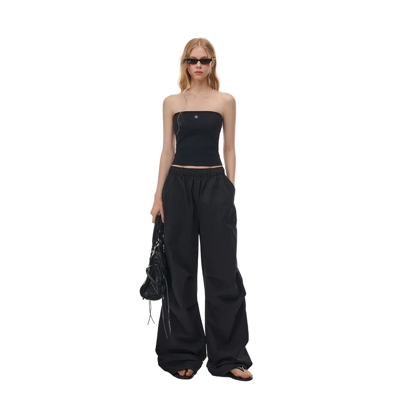 Black Pleated Straight-Leg Paratrooper Pants