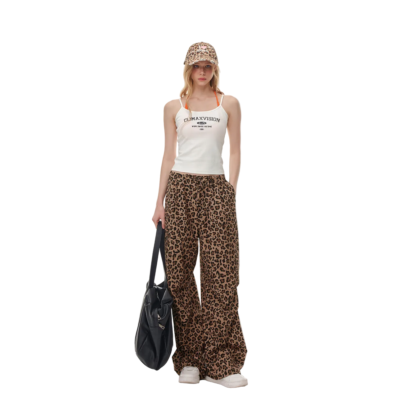 Brown Leopard Print Pants Drawstring Pleated Straight Leg Paratrooper Pants