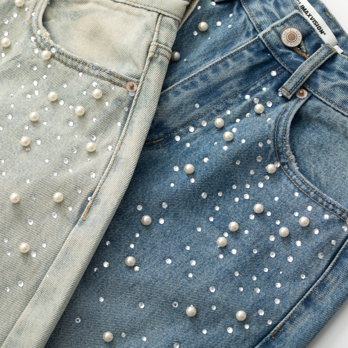Dark Blue Rhinestone And Pearl Flare Jeans