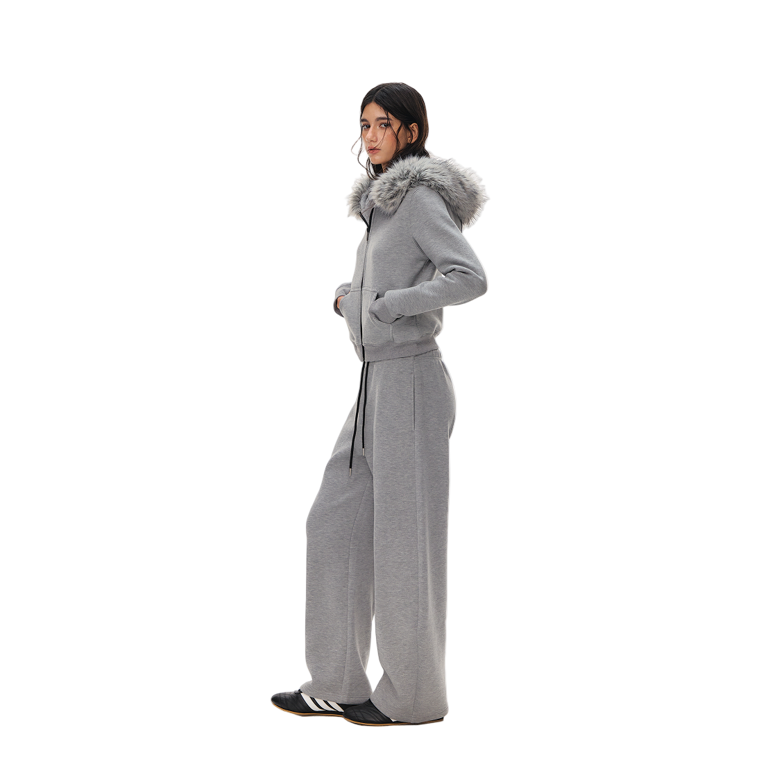 Grey Double-Sided Fleece Hooded Jacket with Detachable Fur Collar