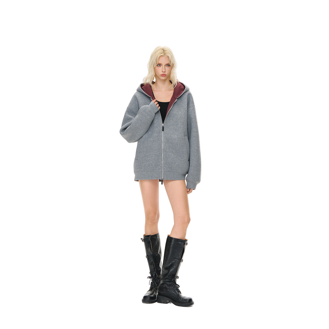Two-Tone Air Layer Profile Zipper Cardigan In Gray and Red