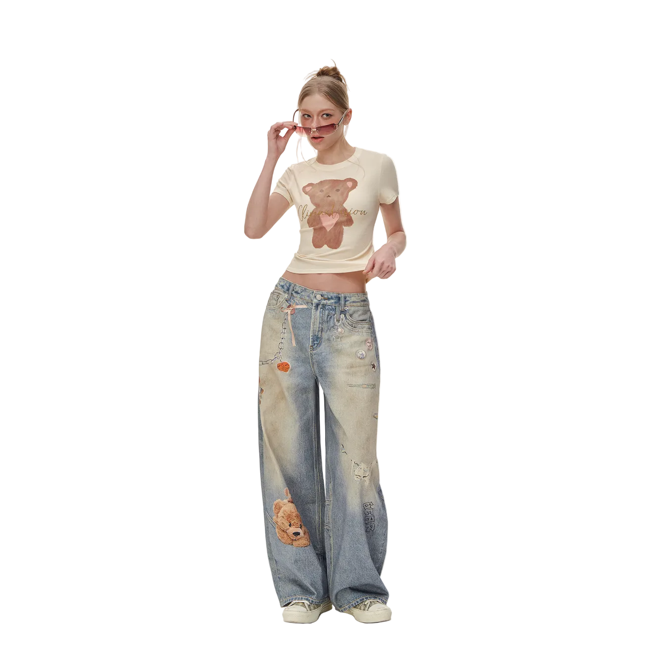Blue Bear Print Retro Jeans